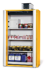 Bezpečnostní skříň s požární odolností 90min, skládací dveře_3x police, 1x spodní záchytná vana, ocelový poplastovaný plech